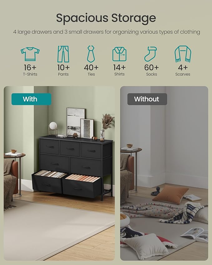 SONGMICS Dresser for Bedroom, Chest of Drawers, TV Stand, Steel, MDF, 7 Non-Woven Fabric Drawers, Storage Organizer Unit, Closet, Entryway, Ink Black and Ebony Black ULGS323B01S
