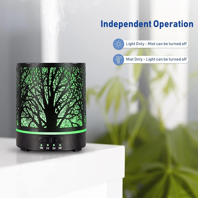 Essential Oil Diffuser Aromatherapy Diffuser -300ml Metal Electric Ultrasonic Oil Diffuser for Large Room with Auto Shut-Off Protection, 4 Timer Setting &7 Colors Night Light for Home (Tree-300ML)
