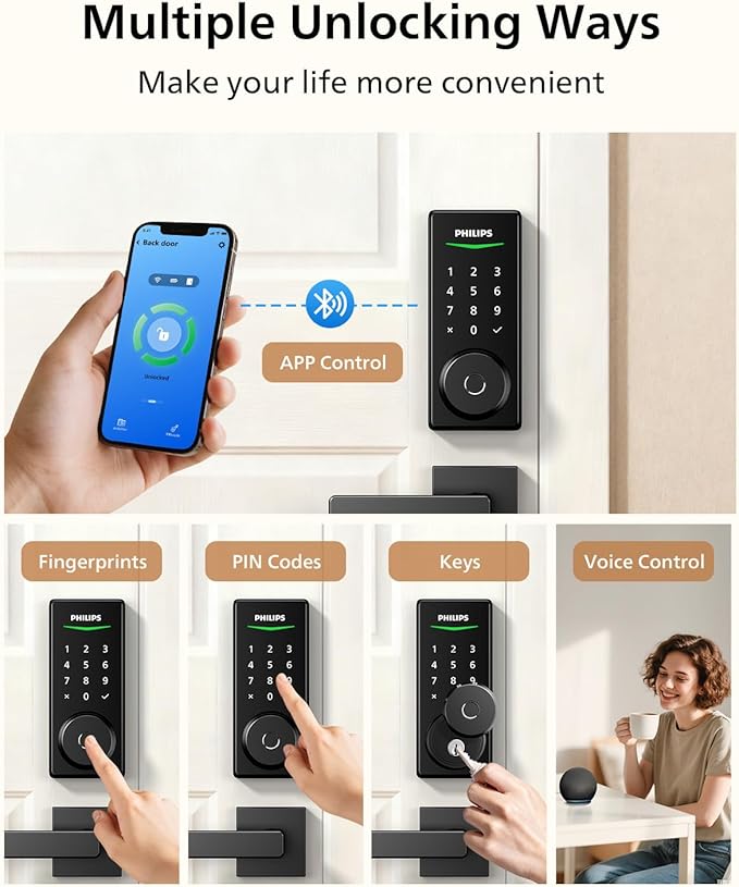 Philips Smart Door Lock with Apple Home, Matter Over Thread, Keyless Entry Door Lock with App Remote Control, Touchscreen Fingerprint Front Door Lock Set, Deadbolt Lock with Apple Home, Alexa, Google