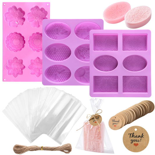 Jieting Soap Making Kit with 3 Silicone Molds Bee Lace Flower Shapes 100 Clear Bags 100 Gift Tags 65ft Jute Twine DIY Handmade Soap Craft Set for Beginners Small Business & Gift Making