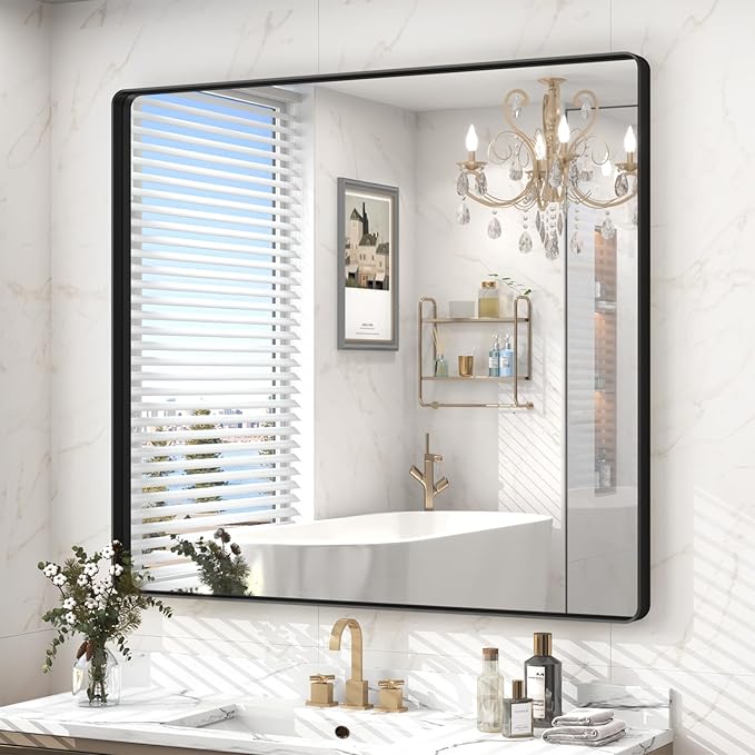 40x36 Inch Black Framed Bathroom Mirror for Wall, Black Metal Framed Mirror, Rounded Rectangle Bathroom Vanity Mirror, Anti-Rust, Shatterproof (Horizontal/Vertical)