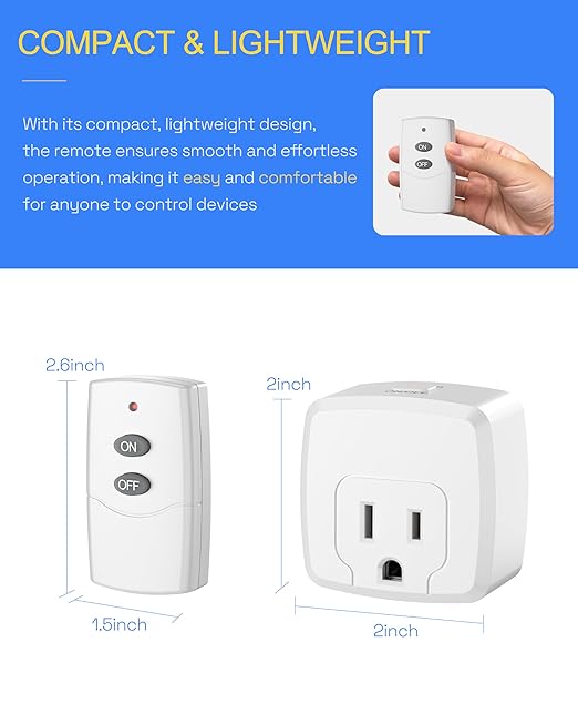 HBN Remote Control Outlet Plug Remote Light Switch Remote Outlet Switch Wireless On Off Switch Plug for Chritmas Light and Household Appliances, 15A/1875W(1 Outlet + 1Remote)