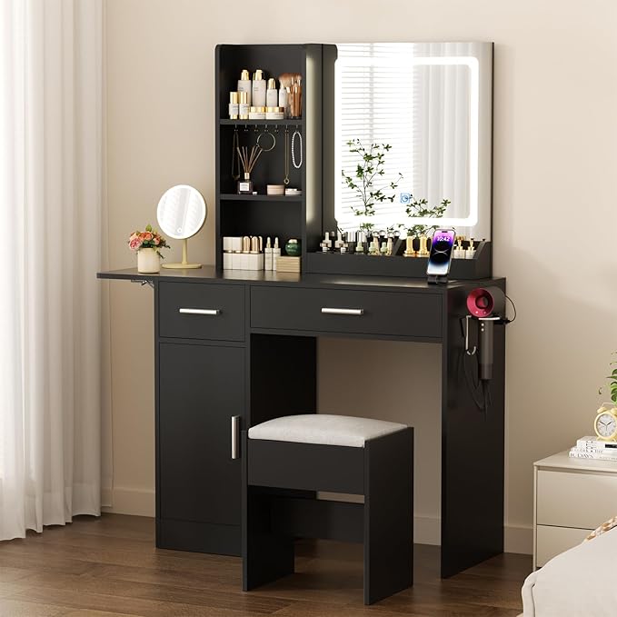 Vanity Desk with Mirror and Lights & Extral Foldable Desk, 35.43" & 43.3" Makeup Vanity Table with Stool and Plug Outlet, 5 Drawers and Open Shelves Dressing Table for Bedroom,Black