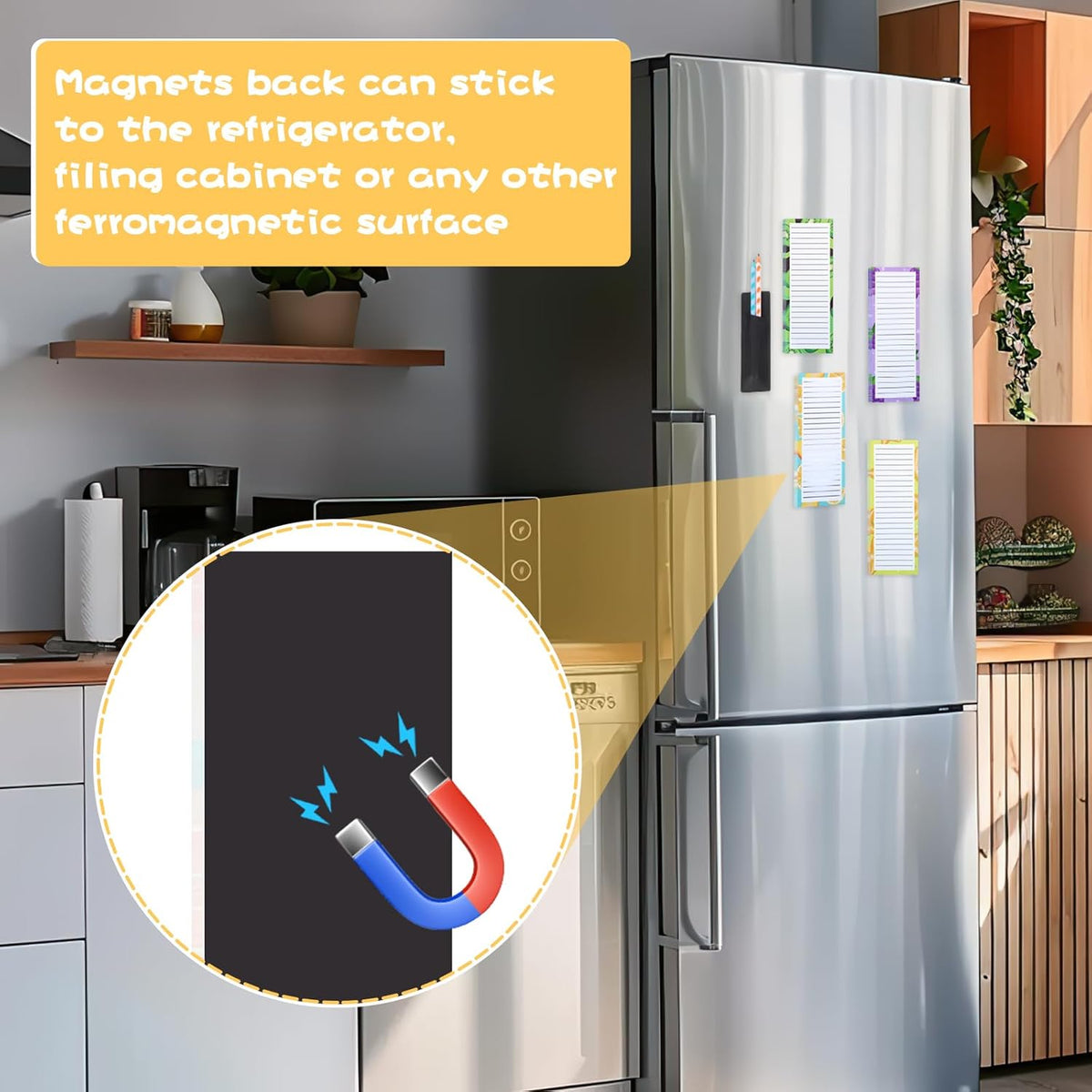 4 Pack Magnetic Note Pad for Fridge with Pen Holder, Totally 200 Sheets Grocery List Magnet Pad for Refrigerator Magnetic Shopping List Pad（Fruit Design）