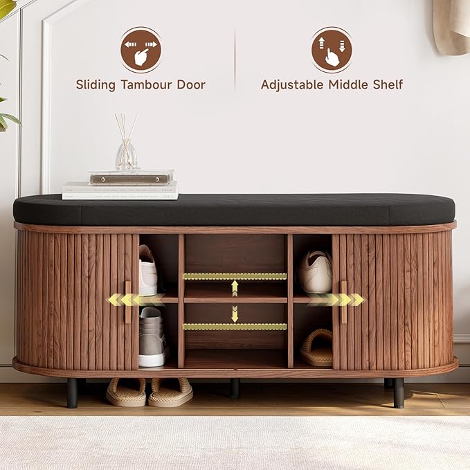 ONBRILL 43" Shoe Bench with Storage, Fluted Shoe Storage Bench with Cushion, Sliding Door and Adjustable Shelf, for Entryway, Hallway, Living Room, Walnut