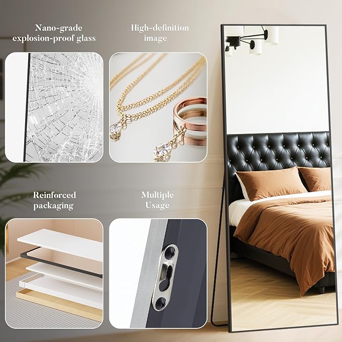 DUMOS Wall-Mounted Full Length Mirror 25"x 71" for Bedroom, Full Body Floor Mirror with Stand, Hanging or Leaning for Wall, Black