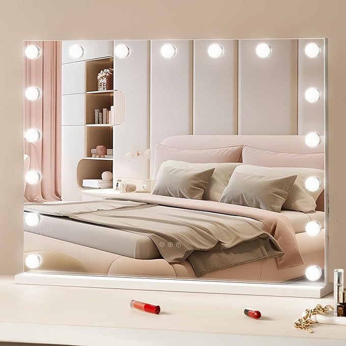 VEVOR Hollywood Vanity Mirror with Lights, 17 Dimmable Bulbs &3 Color Lighting Modes, Makeup Mirror w/Detachable 5X Magnification,USB Port, Smart Touch Control,Desktop Wall-Mount(31.5x23.6in, White)