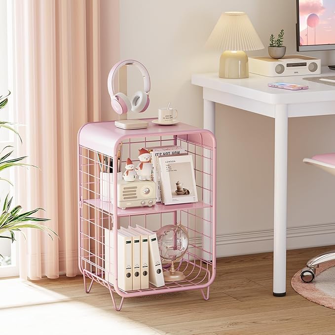 APEXCHASER Cute Kids Pink Nightstand,Metal Side Table,3 Tier End Table with Storage,Vintage Bedside Table,Girls Bedroom Furniture for Living Room,Bedroom,Dorm