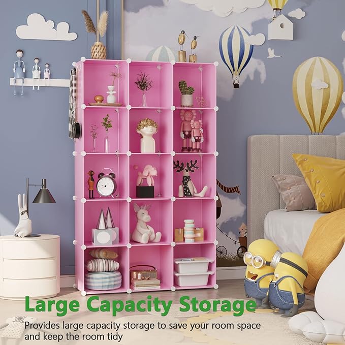 C&AHOME Cube Storage Organizer, 16-Cube Shelves Units, Plastic Storage Cubes, DIY Closet Organizer, Modular Closet Storage Shelves Ideal for Home, Bedroom, 48.4" L × 12.4" W × 48.4" H Pink UPCS16P