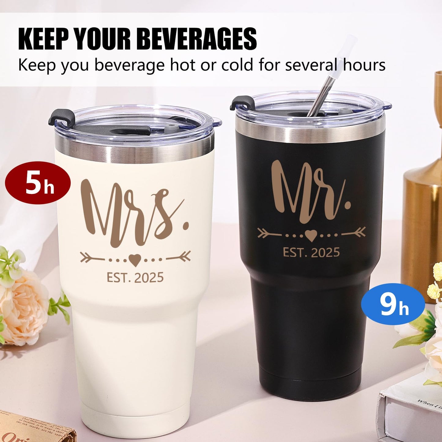 Gtmileo Mr & Mrs EST 2025 Stainless Steel Insulated Tumbler Set, Wedding Gifts for Couples, Bridal Shower Gifts - 30oz, Black&Beige