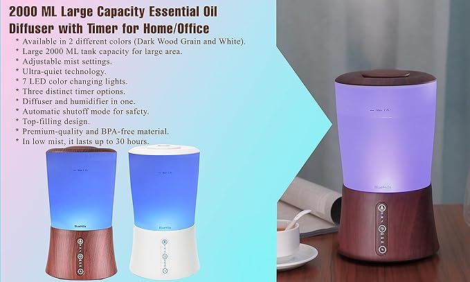 BlueHills Premium Large 2000 ML and 1000 ML XL Essential Oil Diffusers Humidifier Combo Set of 2 for Large Room Home with Décor LED Lights Great Gift – Value Pack of White