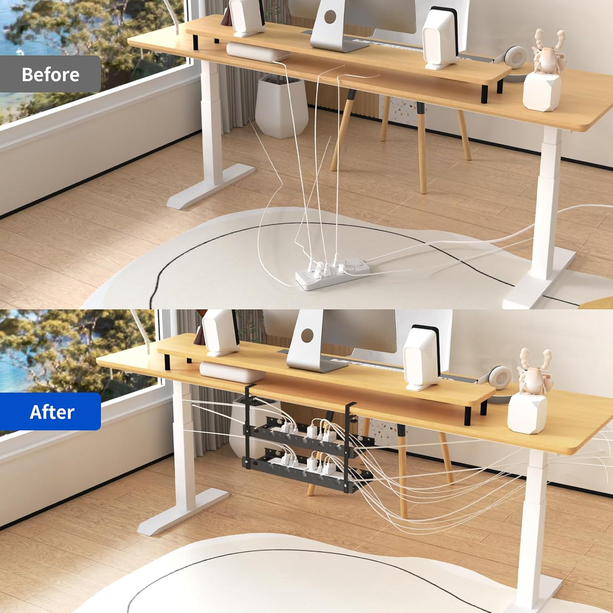 31Inch Extendable Under Desk Cable Management Tray Multi-Model Metal Cable Management Tray Under Desk Cord Management with Clamp Power Strip Cord Holder for Wire Cable Management, Black
