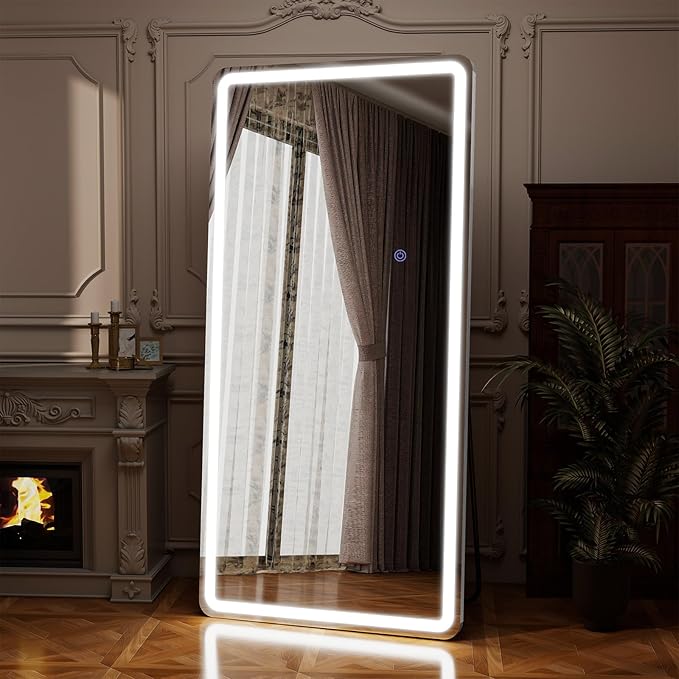 71"x32" LED Full Length Mirror – Standing Floor Body Mirror with Dimmable Lights 3 Color Modes – Adjustable Brightness, Wall-Mount or Leaning for Barber, Fitness Center, Dressing Room