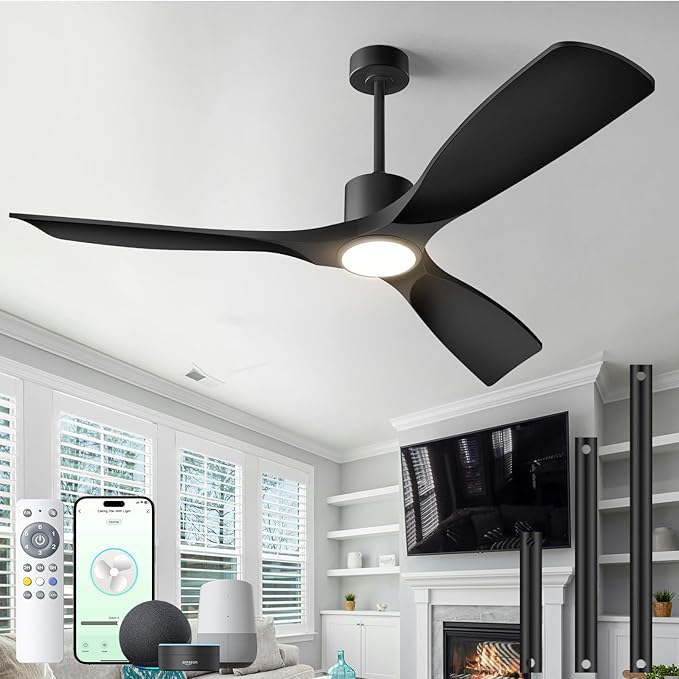 60" Smart Ceiling Fan with Lights,Outdoor Ceiling Fan 3 Blade,Compatible with Alexa/Gg/App/Remote,3-Color Light 6-Speed Quiet Reversible DC Motor for Patio,Black