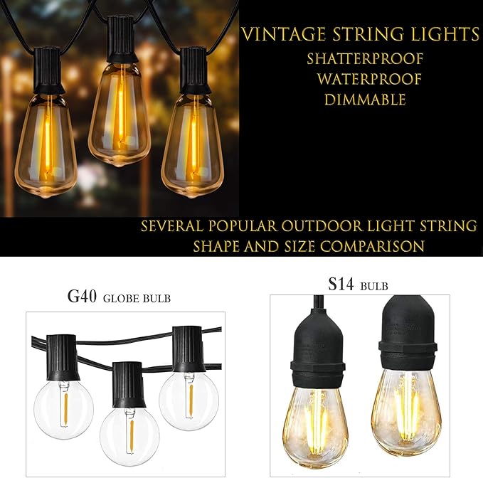Spacenight Outdoor String Lights 30ft with 25+2 Spare LED Filament Bulbs, Dimmable Shatterproof Waterproof, for Indoor/Outdoor Decoration and Lighting, Edison Vintage Style Warm 2200K
