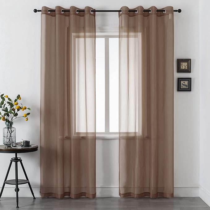 DUALIFE 2 Panels Chocolate Brown Semi Sheer Window Curtains Elegant Grommet Top Window Voile Drapes/Treatment Panels for Bedroom Living Room (52X96 Inches)