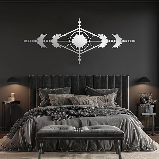 Hfrolixit Moon Phase Metal Wall Decor, Boho Moon Metal Wall Art, Celestial Wall Decor, Scandinavian Natural Wall Art, Astrology Wall Hanging (Silver, 24"x9"/60x24cm)