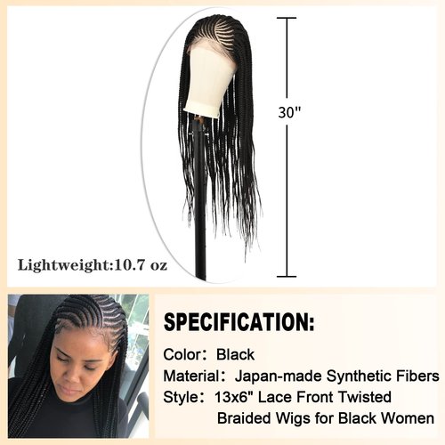 Beauart Brinbea 13X6 Lace Front Braided Wigs Black Box Braid Wig with Baby Hair Lace Frontal Cornrow Braided Wigs Premium Synthetic Braid Hair Wigs for Women 30 inch