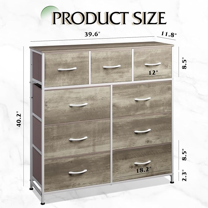 WLIVE 9-Drawer Dresser, Fabric Storage Tower for Bedroom, Hallway, Nursery, Closet, Tall Chest Organizer Unit with Fabric Bins, Steel Frame, Wood Top, Easy Pull Handle, Greige