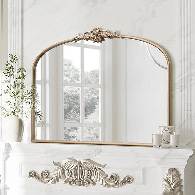 Besdomus Arched Vintage Gold Mirror: 40"x29" Large Champagne Gold Antique Wall Mounted Mirror - Baroque Traditional Ornate for Fireplace/Bathroom/Living Room - Home Decor for Fashion-Conscious
