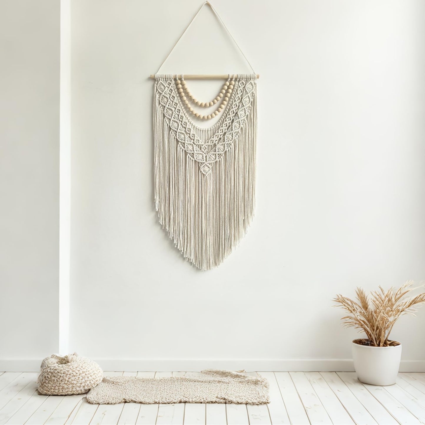 guzhiou Macrame Wall Hanging Boho Geometric Woven Tapestry Cotton Handmade Bohemian Art Decor with Wood Bead Wall Decor for Bedroom Living Room Apartment Nursery 31.5" L x 17"" W (Wood bead-B)"