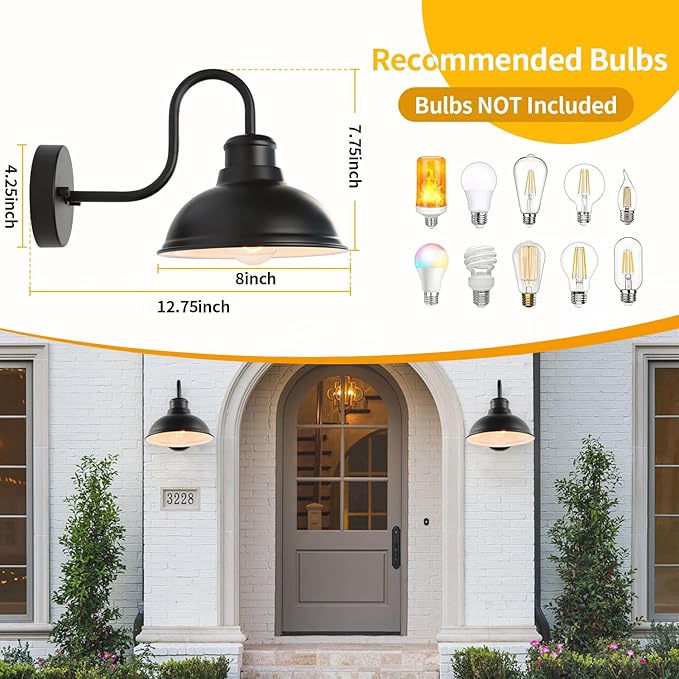 Outdoor Gooseneck Barn Light Outdoor Wall Sconce 8 Inch Farmhouse Exterior Wall Mount Light Vintage Fixture Industrial Matte Black Lantern for Porch, Entryway, Patio（2 Pack）