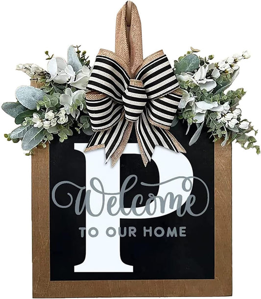 Last Name All Year Round Front Door Wreath with 26 Initial Letter Welcome Sign All Seasons Eucalyptus Garland and Bow ，Farmhouse, Porch, for Spring Summer Fall All Seasons Holiday Halloween Christmas.（P）