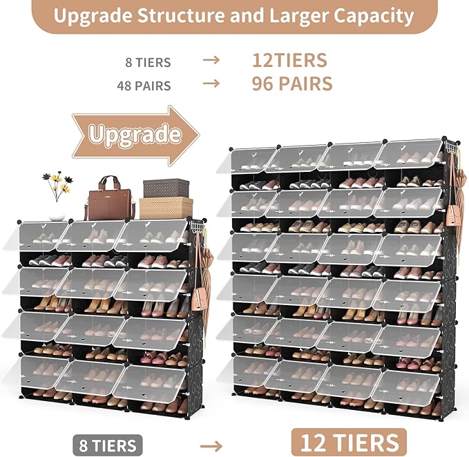 ROJASOP Shoe Storage Cabinet, 12-Tier Shoe Organizer 96 Pairs Extra Large Plastic Shoe Rack with Covers Portable Shoe Rack Organizer with Doors Big Shoe Rack for Closet Entryway Bedroom