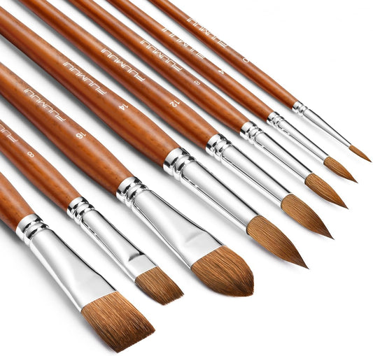 Sable Watercolor Brushes Professional, Fuumuui 8Pcs Sable Brush Set Variety Shapes with Flat, Round Pointed, Liner, Cat's Tongue Oval Wash Perfect for Watercolor Acrylic Gouache Inks Painting