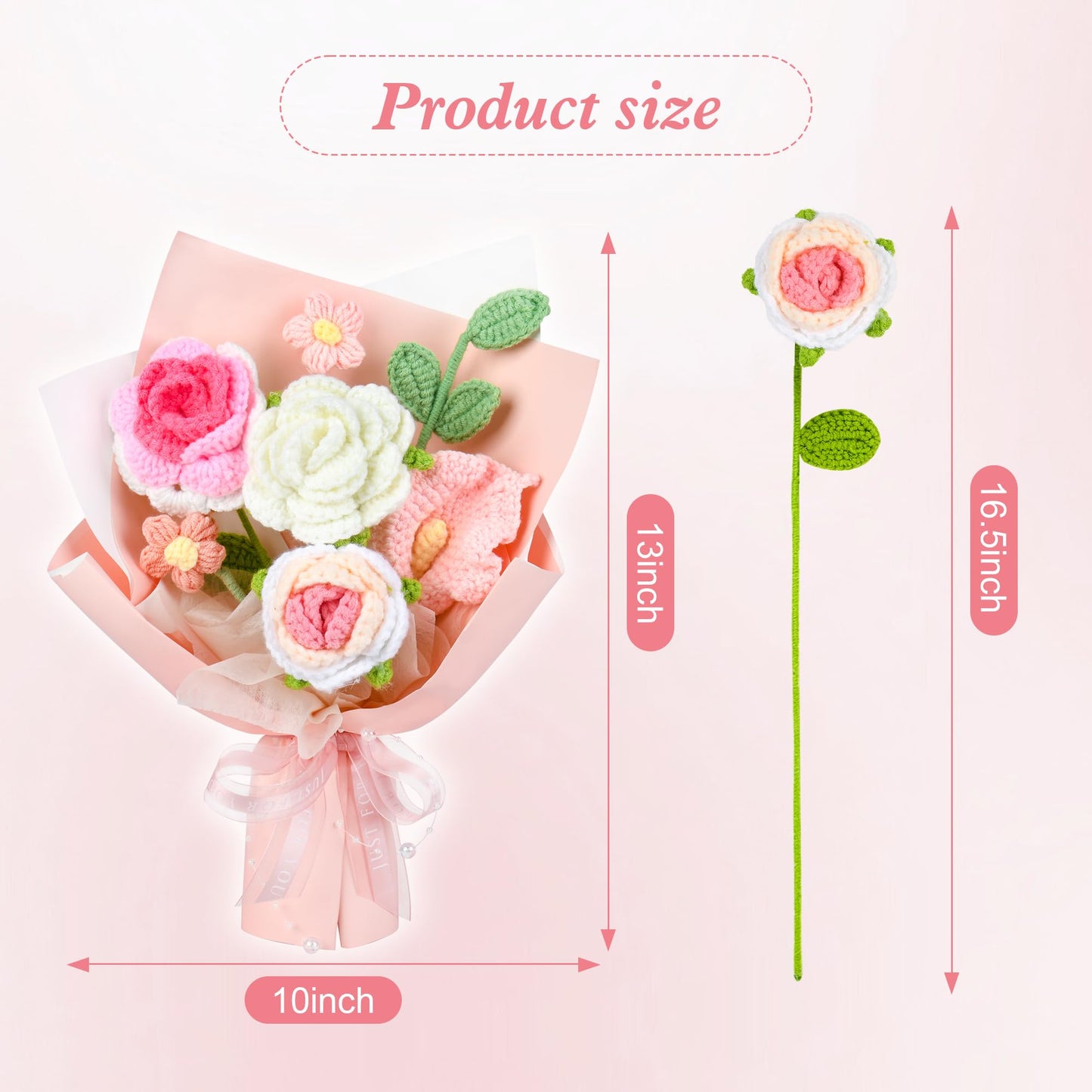 MengxFly Crochet Flower Bouquet Pink Rose, Handmade Crochet Flowers Knitted Bouquet for Birthday, Wedding, Anniversary, Graduation Gift for Her, Girlfriend, Wife, Women (Pink)