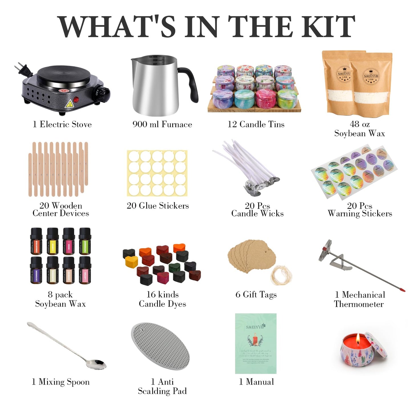 SAEUYVB Candle Making Kit with Wax Melter, Candle Making Kit for Adults, Candle Kit - DIY Starter Soy Candle Making Kit - Perfect as Home Decorations