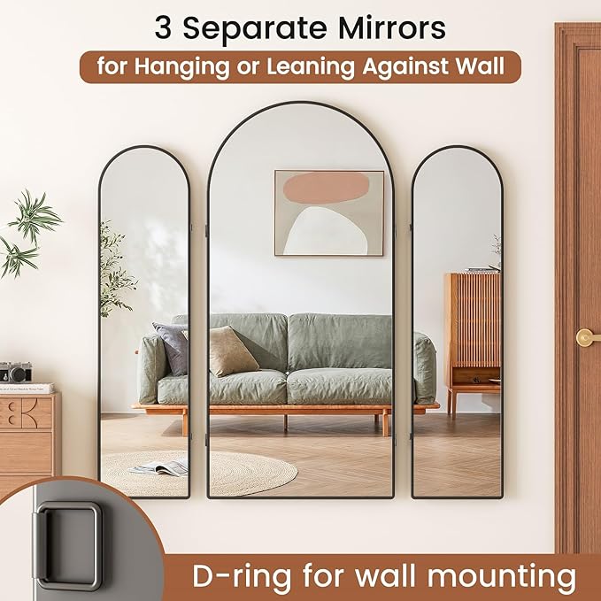 3 Way Arched Full Length Mirror Free Standing, 71"x 67" Large Modern Trifold Mirror, 3-in-1 Detachable Panel Tempered Glass & Metal Frame, for Dressing Room, Bridal Shop, Clothing Store (Black)