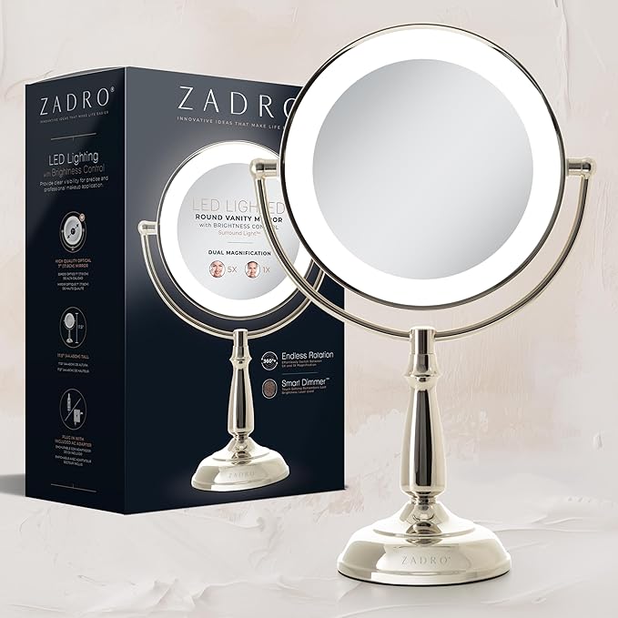Zadro 11" Makeup Mirror with Lights and Magnification Dimmable Touch LED Lighted Makeup Mirror with Magnification (Large | 11" x 17" | 10X/1X, Polished Nickel)