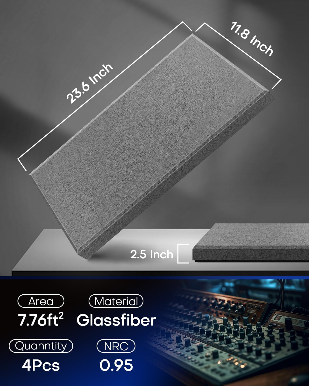 4Pack Fiberglass Acoustic Panels, Self Adhesive Sound Proof Foam Panels for Walls, Sound Dampening Panels for Studios, Office, Home Theater Soundproofing Absorbing Noise Reducing, 23.6x11.8x2.5" Grey