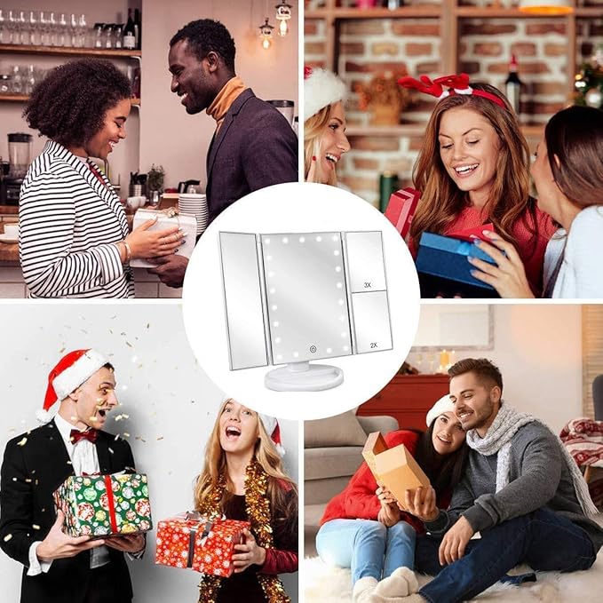 Trifold Makeup Mirror Vanity Mirror with Lights,1X 2X 3X Magnification,Touch Control,Adjustable Rotation,Dual Power Supply,Portable Travel Cosmetic Mirror,Birthday Gifts for Women,Teengirls