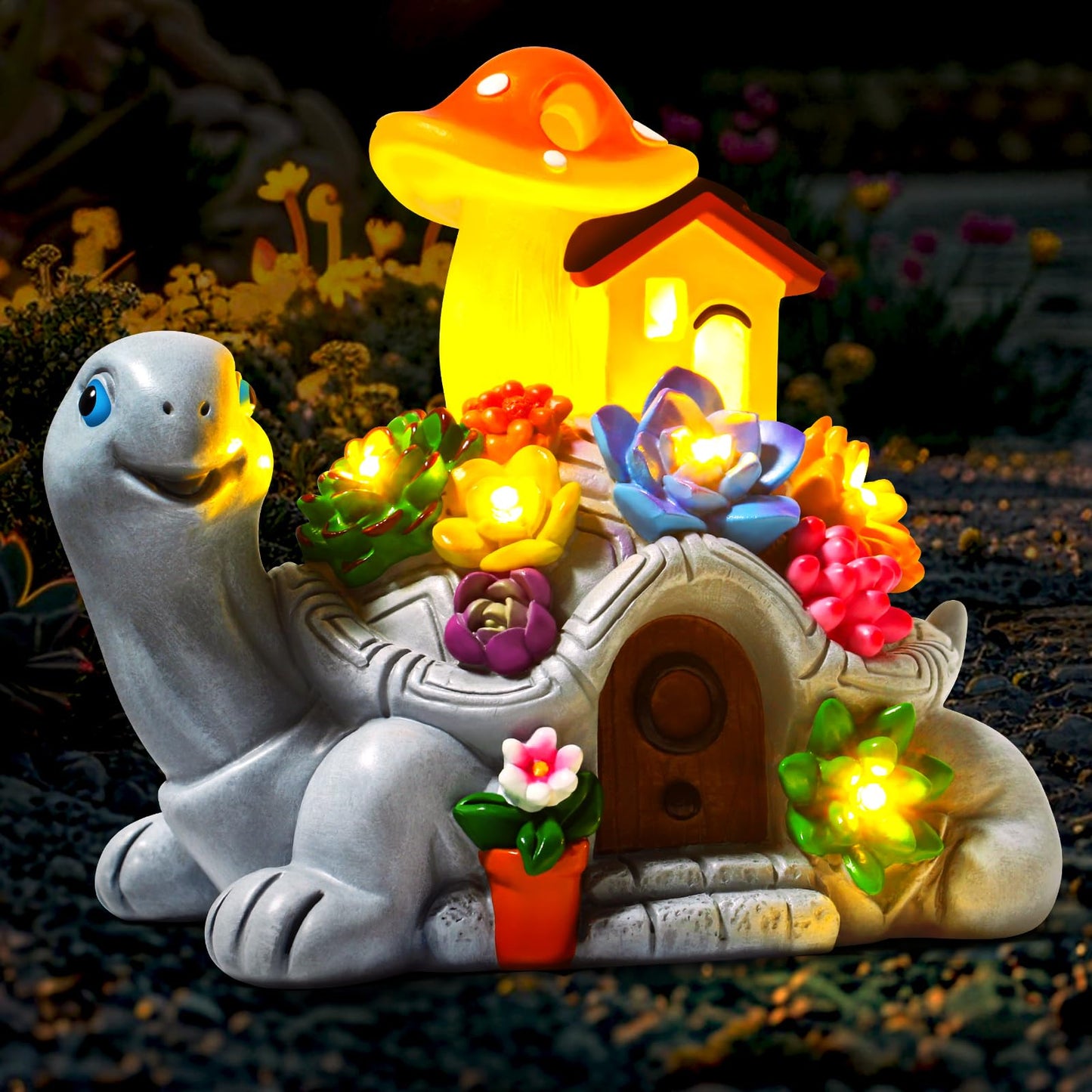 Cikoube Solar Garden Turtle Statues with Succulentss and 7 LED Lights, Outdoor Garden Decor Turtle Figurine for Yard Lawn Patio Balcony Porch, Unique Birthday Gifts Housewarming for Mom Women