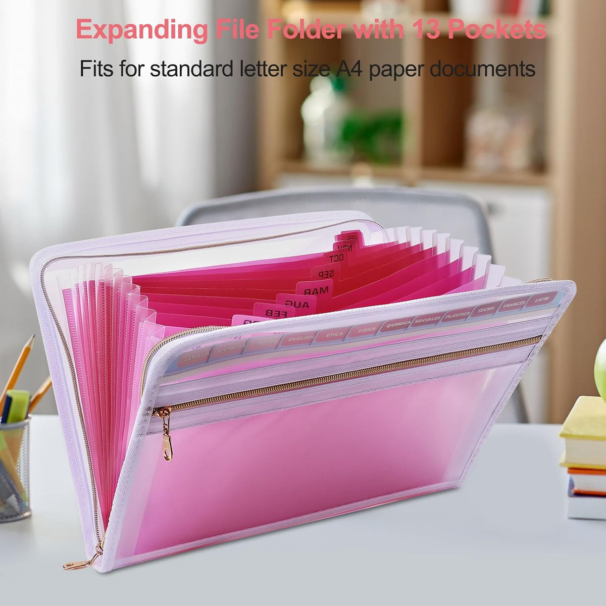 MEGREZ Expanding File Folder with 13 Pockets, A4 Paper File Folder with Zipper Color Labels, Waterproof Accordion File Folder Organizer for Home Office, Pink-Clear