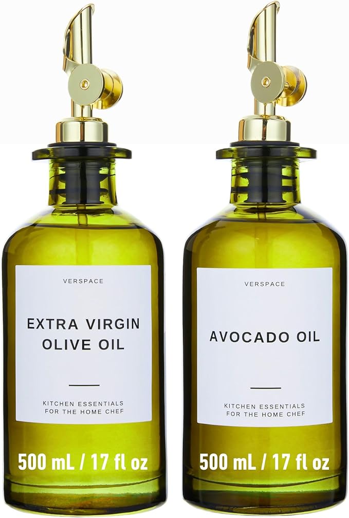 Verspace UV-Protected Green Glass Olive Oil Dispenser Bottles For Kitchen - Includes 40 Kitchen Essential Labels, Avocado Oil Dispenser Set, Modern Decor for Home, Airbnb, Cafe Set of 2