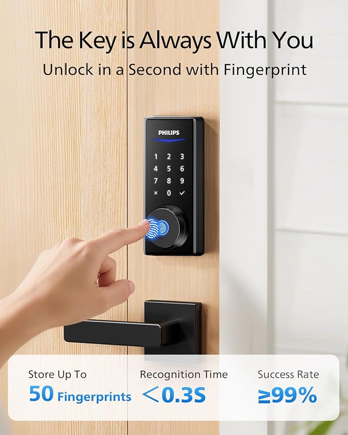 Philips WiFi Smart Lock with Handle, Fingerprint Keyless Entry Door Lock with WiFi Bridge, Smart Locks for Front Door with Handle Set, APP Remote Control, Voice Control, Auto-Lock, Matte Black