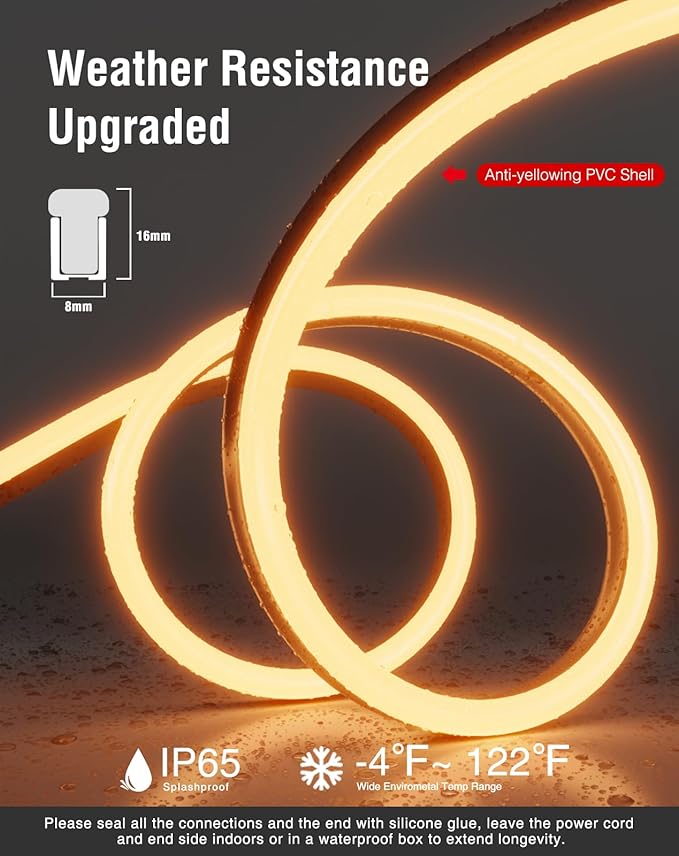 Shine Decor 82FT/25M LED Neon Rope Lights, Warm White AC 110V-120V Neon Strip Lights, 8x16mm Cuttable Waterproof SMD2835 120LEDs/M Indoor Outdoor Light Strips, DIY Ambiance Lighting Decoration