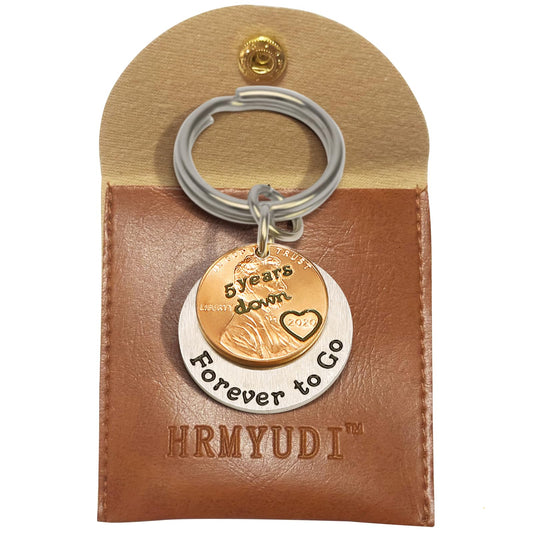 HRMYUDI 5 Years Anniversary Wood Wedding Gift for Man Woman, Coin Keychain with a 2020 Penny, 5 Years Down and Forever To Go, Fifth Wood Wedding Anniversary Presents for Him Her