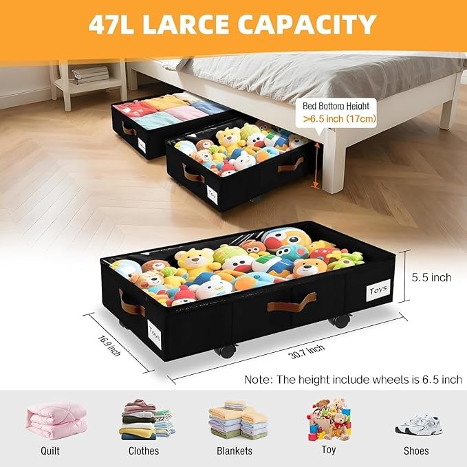 4 Pack Under Bed Storage–30.5×17×6.5" Under the Bed Storage with Wheels Sturdy Sidewalls/Bottom, Clear Cover, Label and PU Handle, Rolling Underbed Drawers for Clothes, Shoes, Toys, Blankets,Black