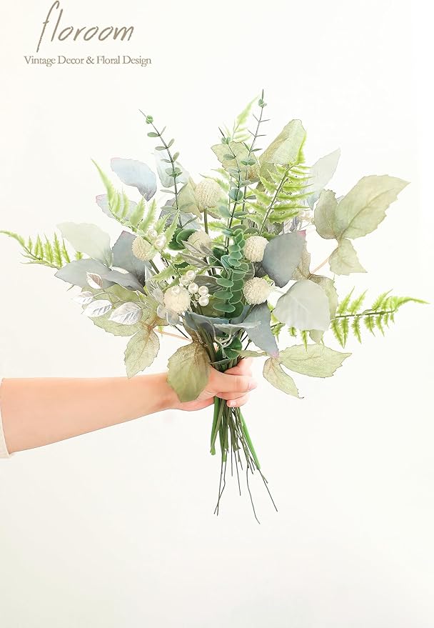 Floroom Artificial Greenery Stems Box Set, 36pcs with 7 Kinds of Faux Greenery Flowers Picks for DIY Bridal Bouquets Wedding Floral Arrangement Table Centerpieces, Dusty Blue & Silver