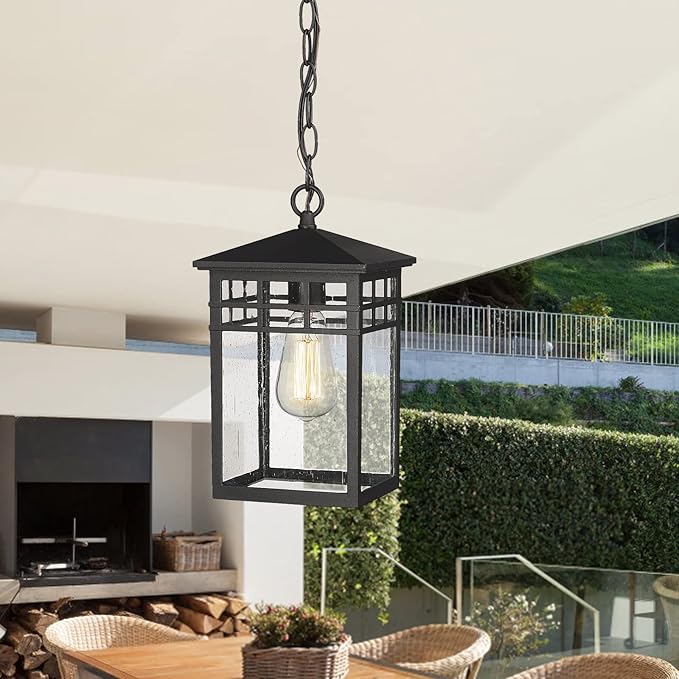 Outdoor Pendant Light Lanterns for Front Porch, Black Exterior Hanging Light Fixtures with Seeded Glass Shade for Patio, Entryway, Garage, Gazebo, RZ009-H BK