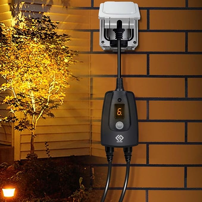 Outdoor 24-Hour Light Timer, Water Resistant, Photocell Dusk to Dawn Light Sensor Countdown Timer, 14AWG Cord, Two Grounded Outlets for Home, Christmas Lights, Garden.15A, UL Listed.