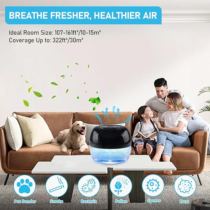 Water Based Air Purifier with Essential Oil Diffuser Pack, Air Washer with 7 Color LED Night Light, Air Revitalizer Includes 6x10ml Essential Oil Aroma Diffuser for Home, Office, Pet