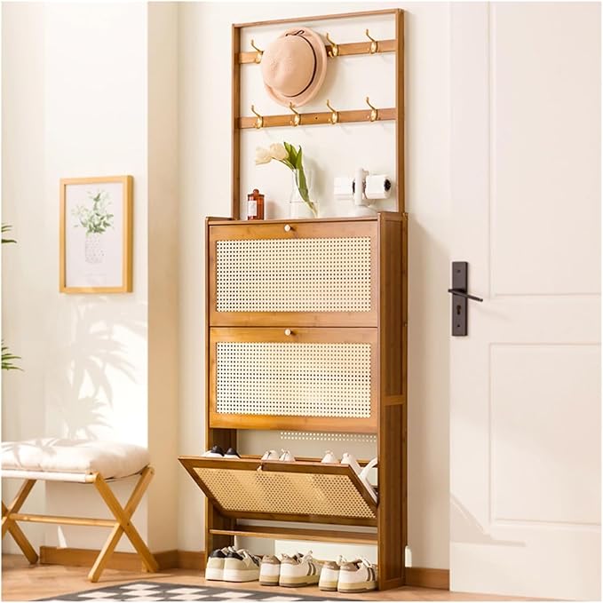 Modern Natural Rattan Coat Rack with 3 Flip Drawers Free Standing 3Tier Shoe Storage Rack for Heels and Slippers Entrance Hallway Entryway Organizer(70x17x186cm)