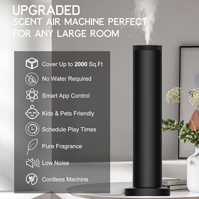 2026 Upgraded Cordless Rechargeable Diffuser - Hotel Scent Diffuser for Whole House- Scent Air Machine -App Bluetooth Control - Waterless Essential Oil Diffuser for Large Room, Studio Office - Black