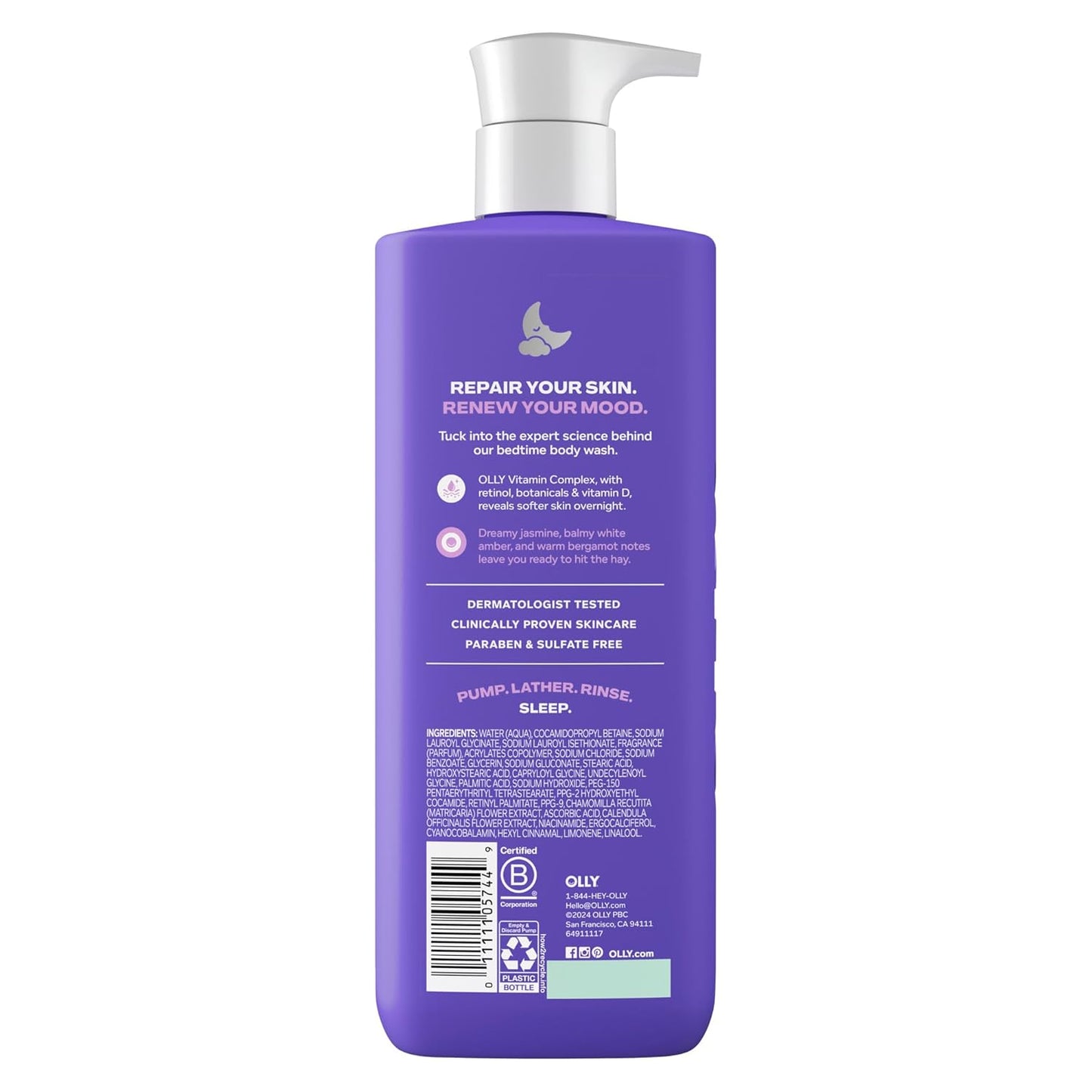 OLLY Renew Body Wash with Vitamin D, Retinol & Botanicals – Nourishing Cleanser for Skin Barrier Repair, Deep Hydration, Jasmine Bergamot Scent, 17oz