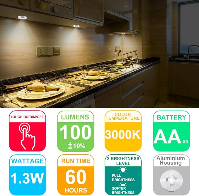 HONWELL Wireless Spotlight Indoor, Magnetic Push Lights, Stick on Puck Light, ALUMINIUM Mini Accent Lights Battery Operated, 100LM, 2 Brightness Level LED Closet Light for Cabinet,Art,Kitchen(3.3Inch)